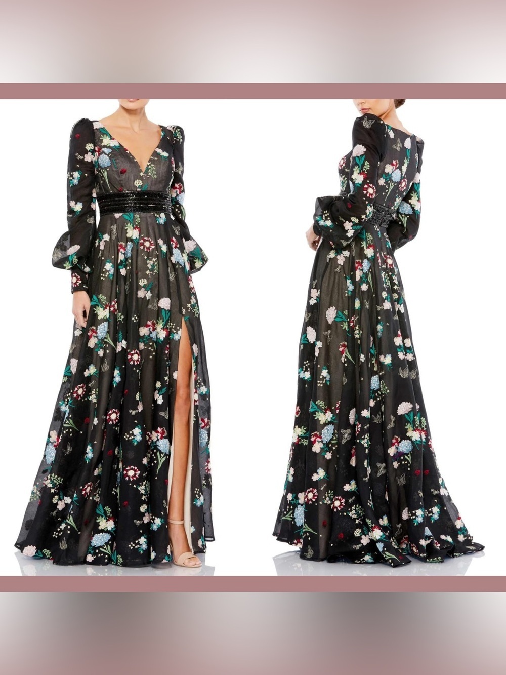 NWT Mac Duggal Embroidered Bishop Sleeve V-Neck Flowy Black Gown 4
